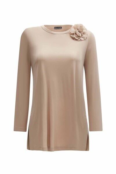 T25Y-6053 Çiçek Broşlu Düz Renk Basic Tunik STONE - 1