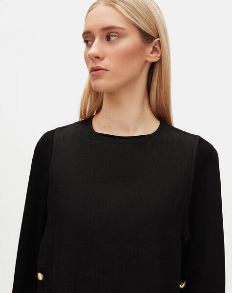 T25Y-6054 Yanları Düğmeli Keten Tunik BLACK - 7