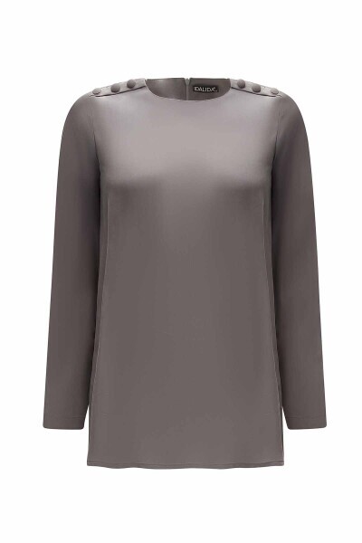 T25Y-6067 Yuvarlak Yaka Düğme Detaylı Cupro Tunik ANTHRACITE 