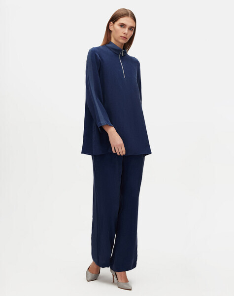 T25Y-6068 Dik Yaka Fermuarlı Uzun Kollu Tunik NAVY BLUE - 2