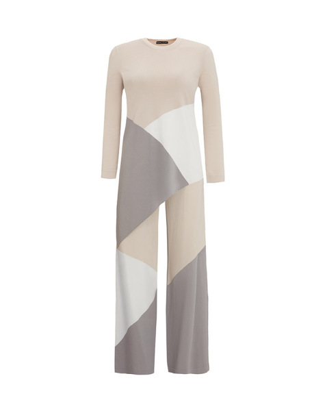 T25Y-7002 Renk Bloklu Bol Paça Triko Pantolon 1021-SAND - 1