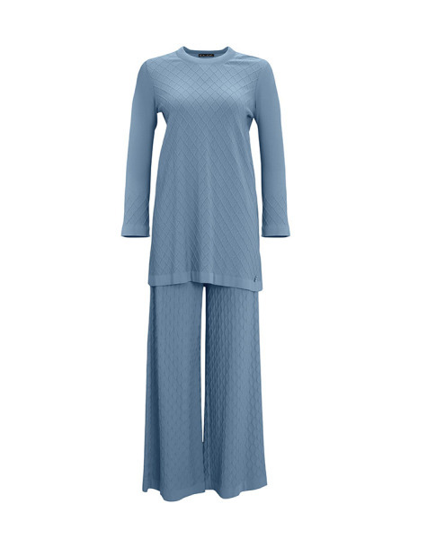 T25Y-7003 Örgü Dokulu Bol Paça Triko Pantolon 1186-BLUE - 1