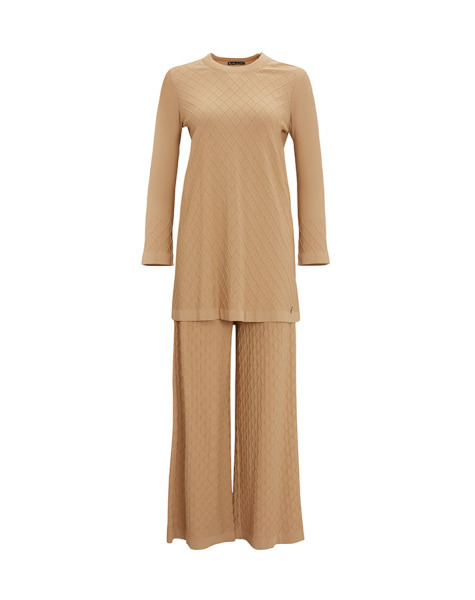 T25Y-7003 Örgü Dokulu Bol Paça Triko Pantolon 1241-CAMEL 