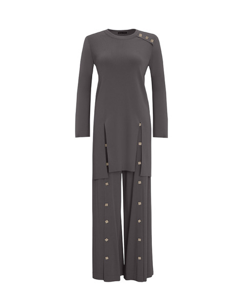 T25Y-7004 Düğme Aksesuarlı Bol Paça Triko Pantolon 1318-ANTHRACITE - 1
