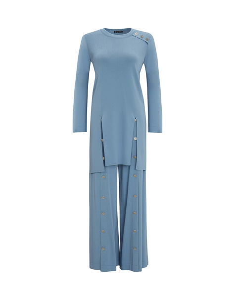 T25Y-7004 Düğme Aksesuarlı Bol Paça Triko Pantolon BLACK - 4