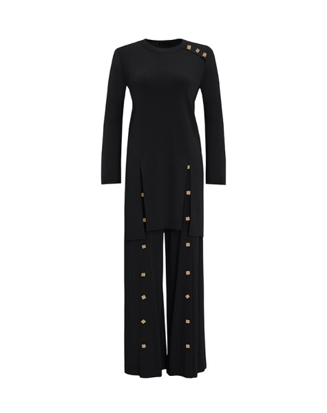 T25Y-7004 Düğme Aksesuarlı Bol Paça Triko Pantolon BLACK - 12