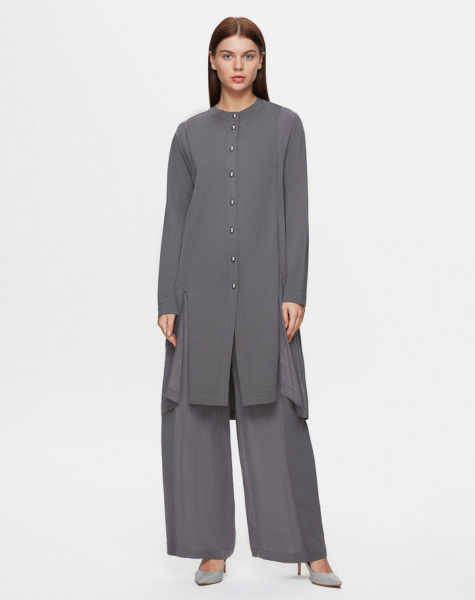 T25Y-7006 Beli Büzgülü Bol Paça Cupro Pantolon 1318-ANTHRACITE - 1