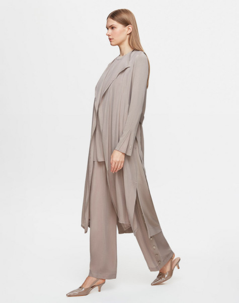 Yanları Düğmeli Bol Paça Cupro Vizon Pantolon - 2