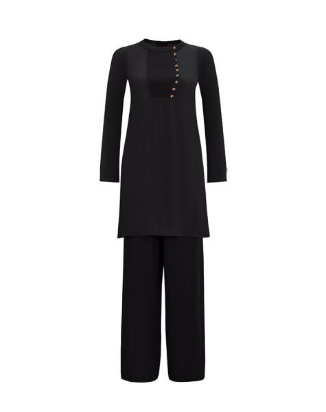 T25Y-7011 Fitilli Düğme Detaylı Triko Pantolon BLACK - 1