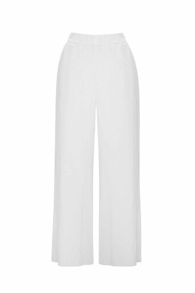 Düz Renk Bol Paça Keten Ekru Pantolon - 1