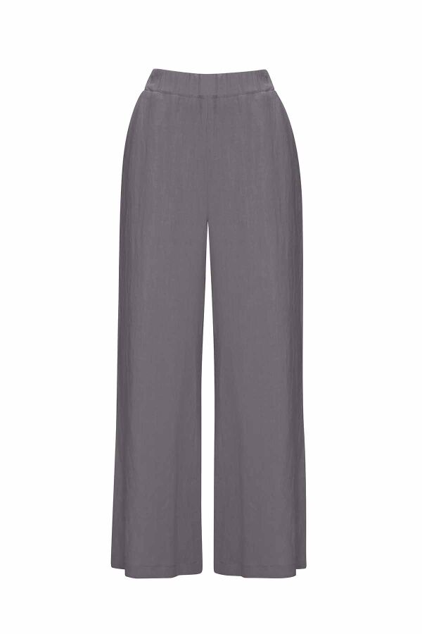 Düz Renk Bol Paça Keten Pantolon - 1