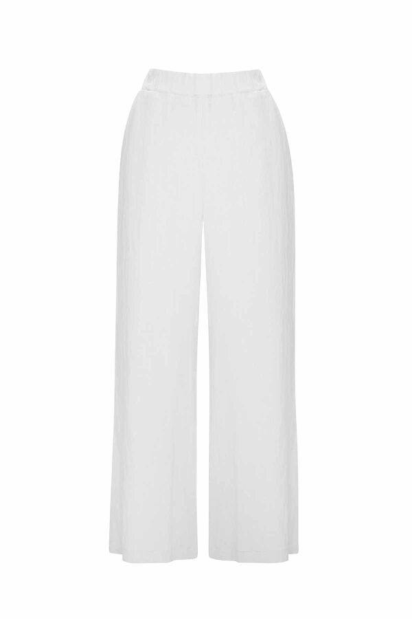 Düz Renk Bol Paça Keten Pantolon - 3