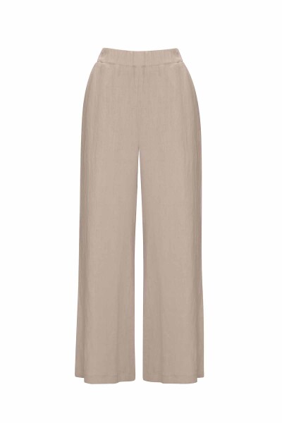 Düz Renk Bol Paça Keten Pantolon - 9