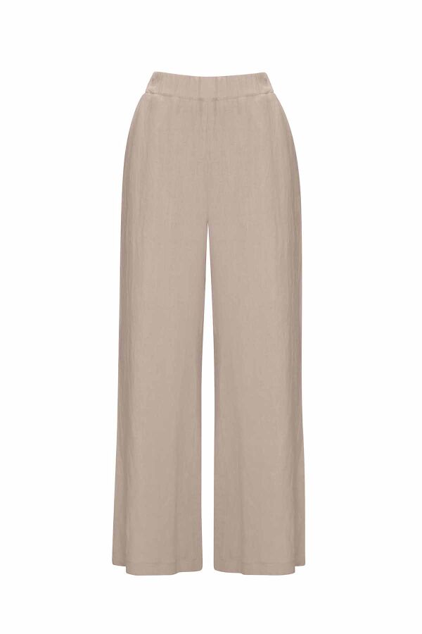 Düz Renk Bol Paça Keten Pantolon - 9