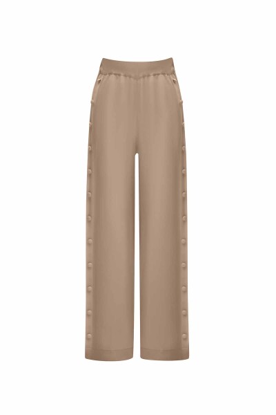 Düğme Detaylı Bol Paça Cupro Triko Pantolon - 1