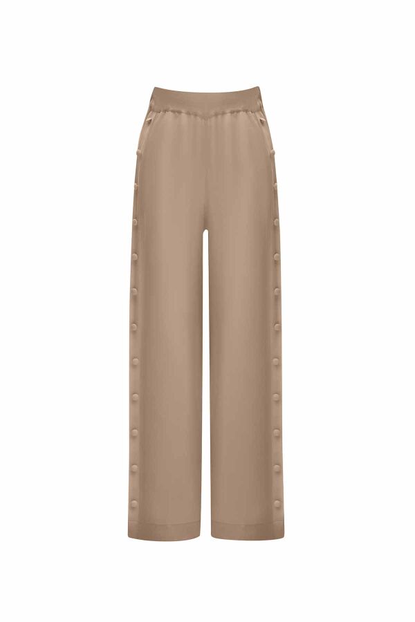 Düğme Detaylı Bol Paça Cupro Triko Pantolon - 1