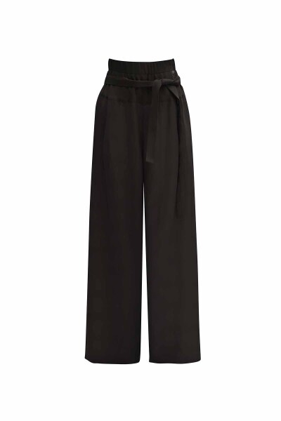 Beli Kuşaklı Bol Paça Keten Siyah Pantolon - 1