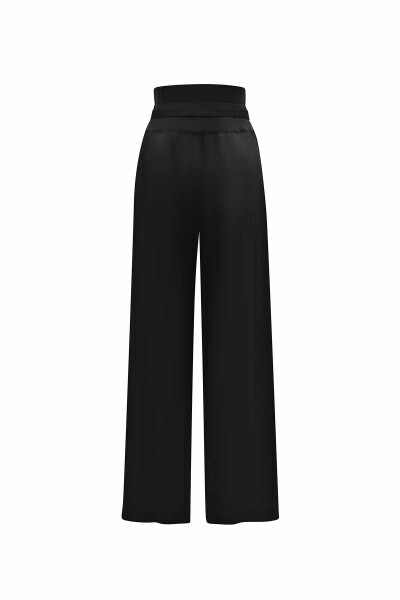 Beli Kuşaklı Bol Paça Keten Siyah Pantolon - 2