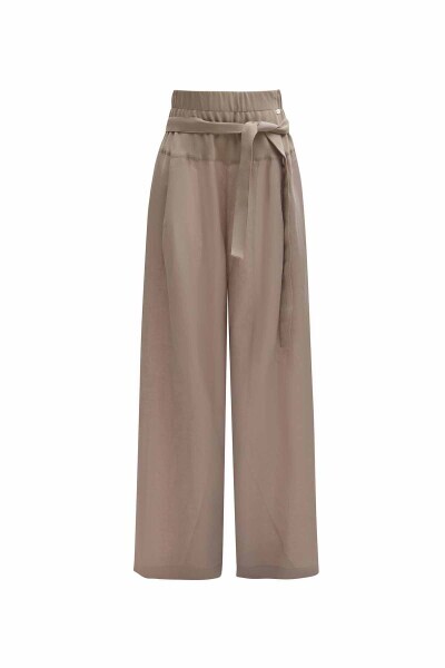 T25Y-7017 Beli Kuşaklı Bol Paça Keten Pantolon MİNK - 1