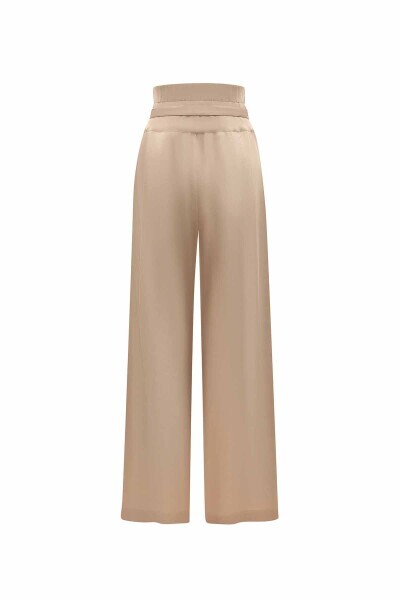 Beli Kuşaklı Bol Paça Keten Taş Rengi Pantolon - 2