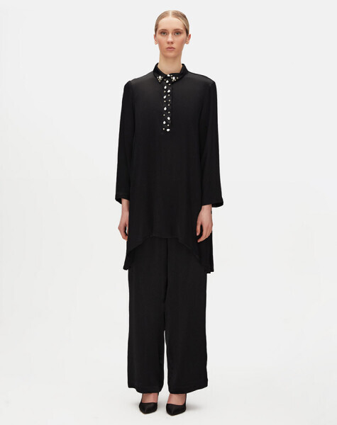 T25Y-7019 Düz Renk Bol Paça Şık Pantolon BLACK - 1