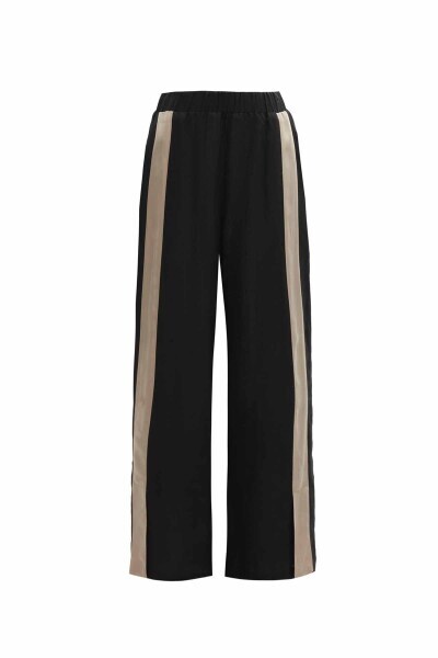 T25Y-7020 Şerit Detaylı Keten Bol Paça Pantolon BLACK - 3