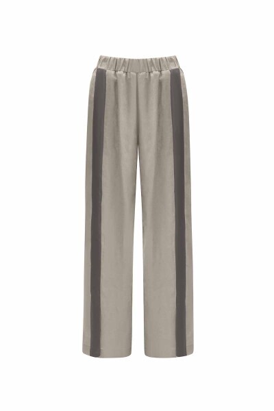 T25Y-7020 Şerit Detaylı Keten Bol Paça Pantolon BLACK - 7