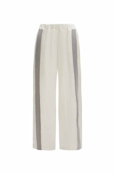 Şerit Detaylı Keten Bol Paça Gri Pantolon - 1