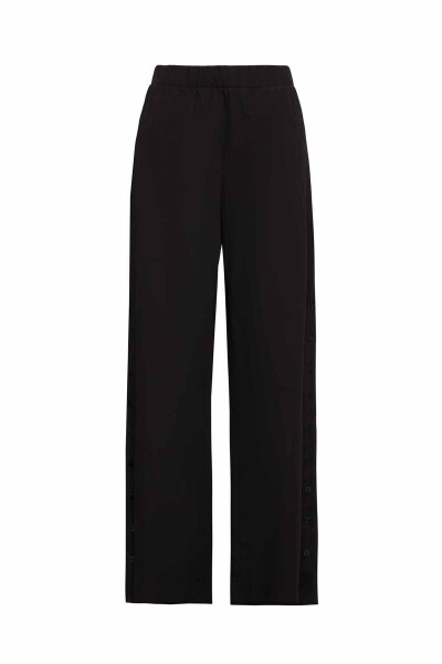 Yanları Düğmeli Pamuklu Bol Paça Siyah Pantolon - 2