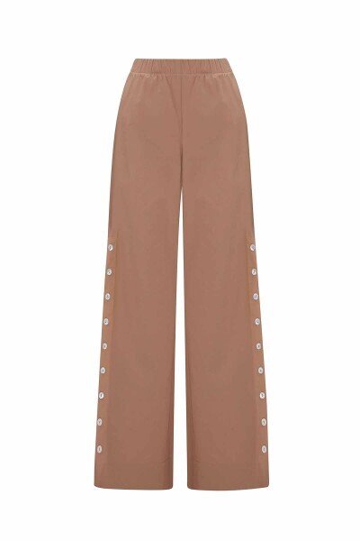 T25Y-7023 Yanları Düğmeli Pamuklu Bol Paça Pantolon CAMEL - 1