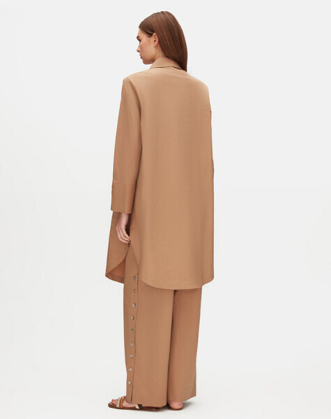 Yanları Düğmeli Pamuklu Bol Paça Camel Pantolon - 4