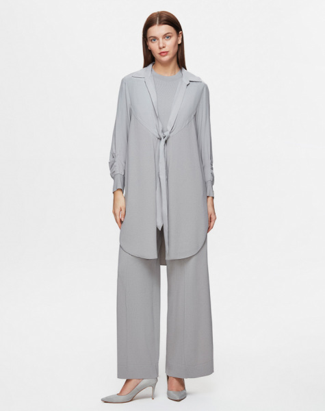T25Y-8005 Önden Bağlamalı Triko Cupro Ceket 1179-GREY - 1