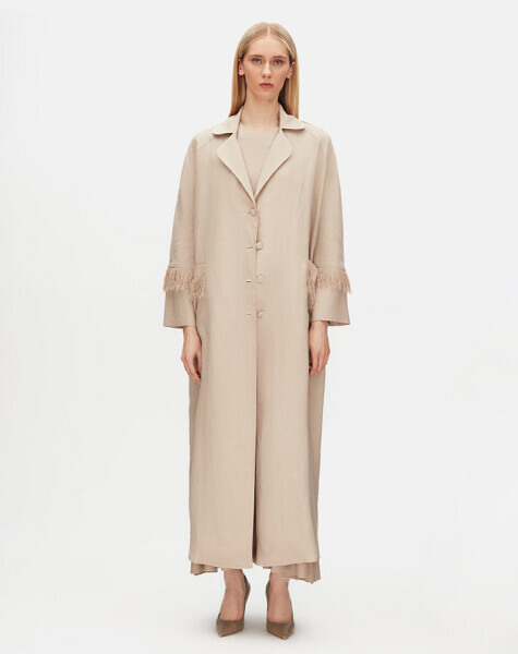 Püskül Detaylı Uzun Keten Vizon Ceket 