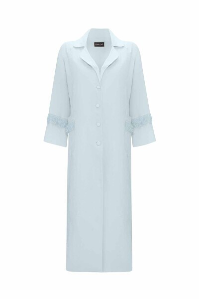 T25Y-8007 Püskül Detaylı Uzun Keten Ceket 1186-BLUE - 1