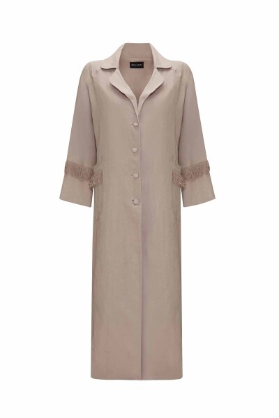 Püskül Detaylı Uzun Keten Vizon Ceket 