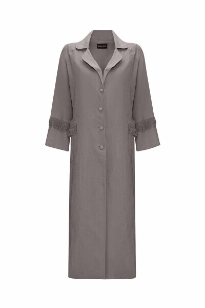 Püskül Detaylı Uzun Keten Antrasit Ceket - 1