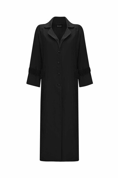 Püskül Detaylı Uzun Keten Siyah Ceket - 1