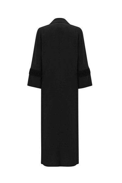 T25Y-8007 Püskül Detaylı Uzun Keten Ceket BLACK - 2