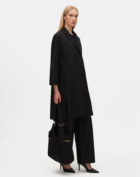 Yanı Yırtmaçlı Kruvaze Kesim Keten Siyah Ceket - 1