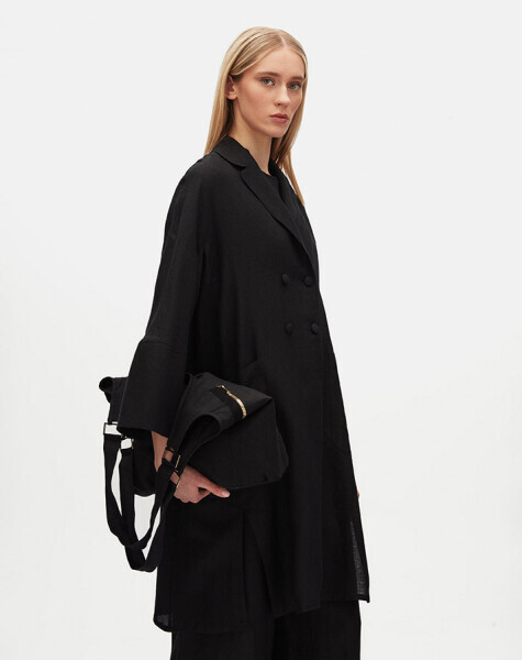 Yanı Yırtmaçlı Kruvaze Kesim Keten Siyah Ceket - 2