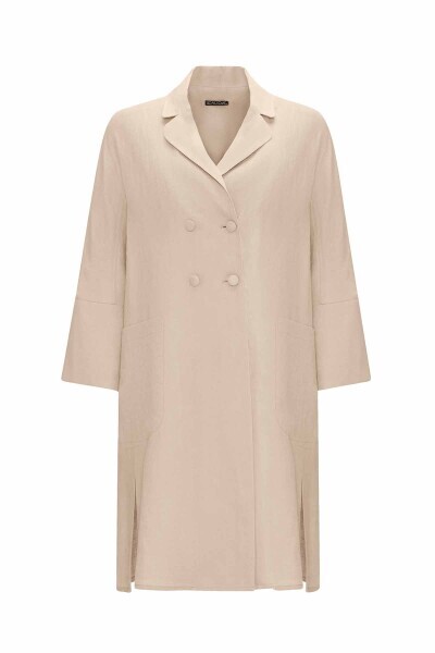 Yanı Yırtmaçlı Kruvaze Kesim Keten Taş Rengi Ceket - 1