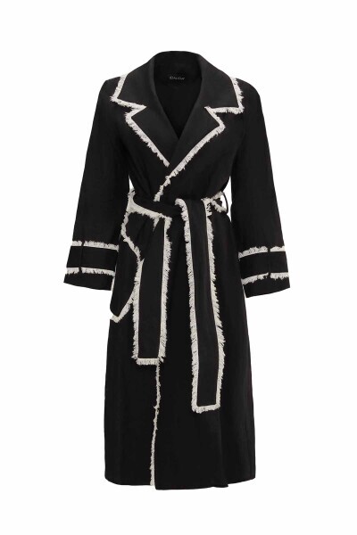 Püskül Detaylı Keten Siyah Trençkot - 1