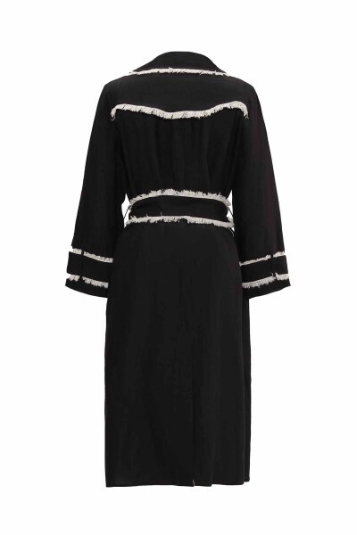 Püskül Detaylı Keten Siyah Trençkot - 2