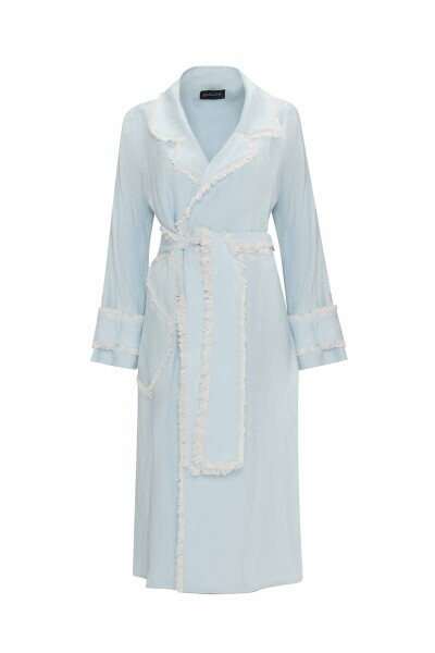 Püskül Detaylı Keten Mavi Trençkot 