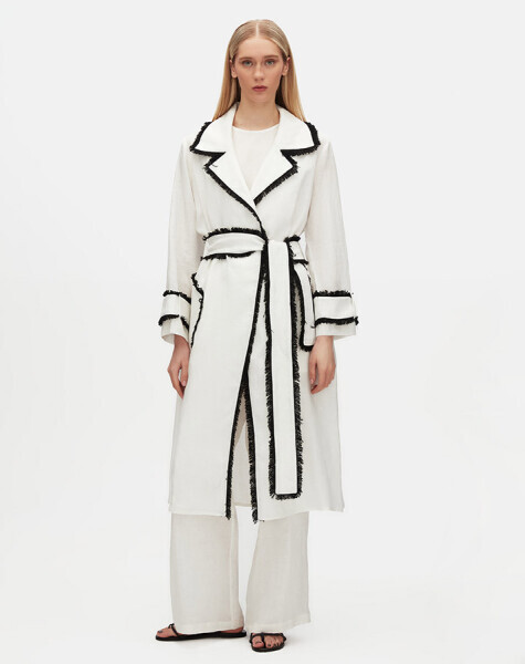 Detaylı Keten Ekru Trençkot - 1