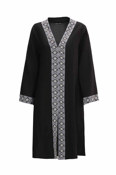 T25Y-8021 Dessenli Tiktak Detaylı Keten Ceket BLACK - 1