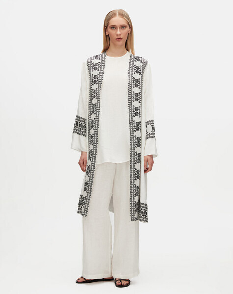 Manşetleri Triko Detaylı Keten Ekru Ceket - 1