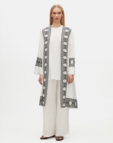 Manşetleri Triko Detaylı Keten Ekru Ceket - 2