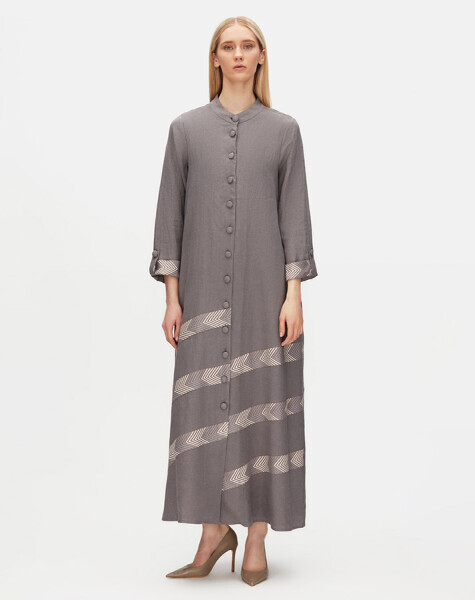 Desen Detaylı Yuvarlak Yaka Uzun Keten Antrasit Ceket - 1