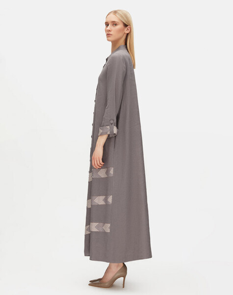 Desen Detaylı Yuvarlak Yaka Uzun Keten Antrasit Ceket - 2